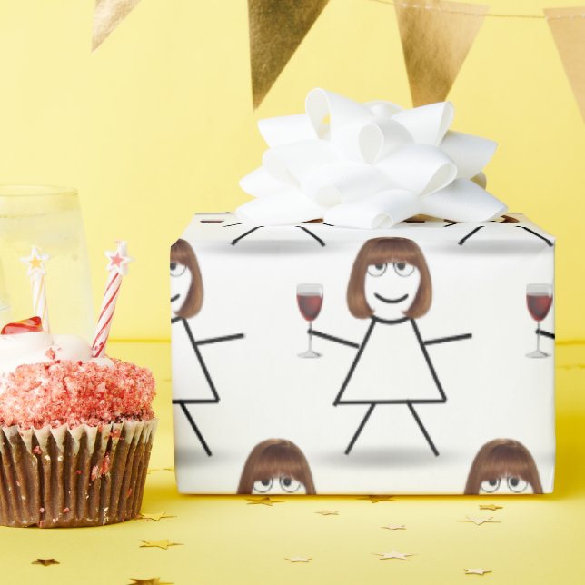 Stick Girl with Red Wine  Wrapping Paper (Birthday Party)