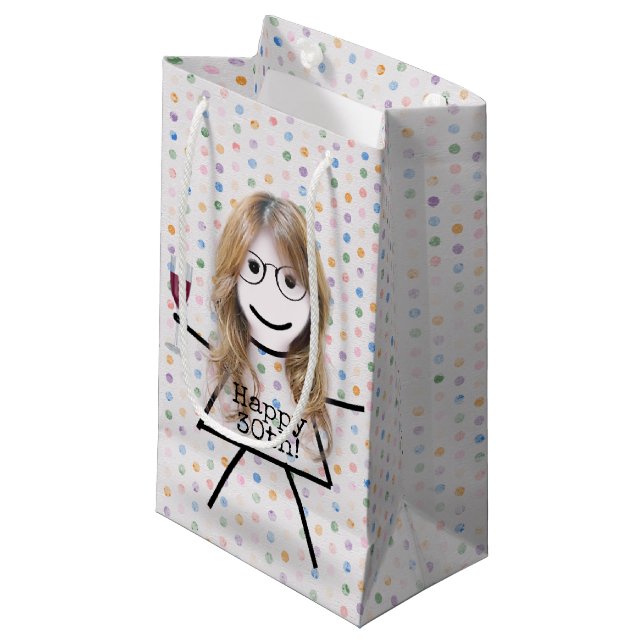 Stick Girl with Wine for 30th Birthday  Small Gift Bag (Front Angled)