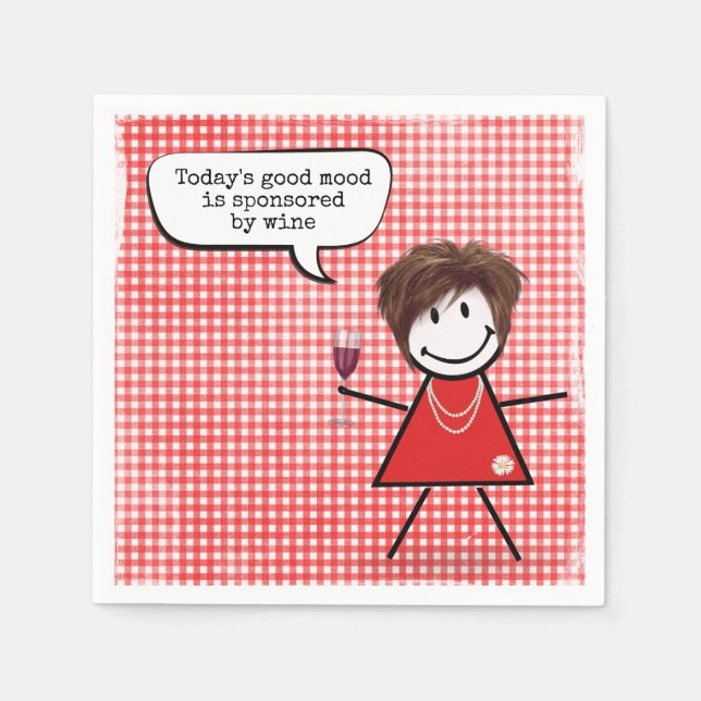 Stick Girl With Wine Glass On Gingham Napkin (Front)