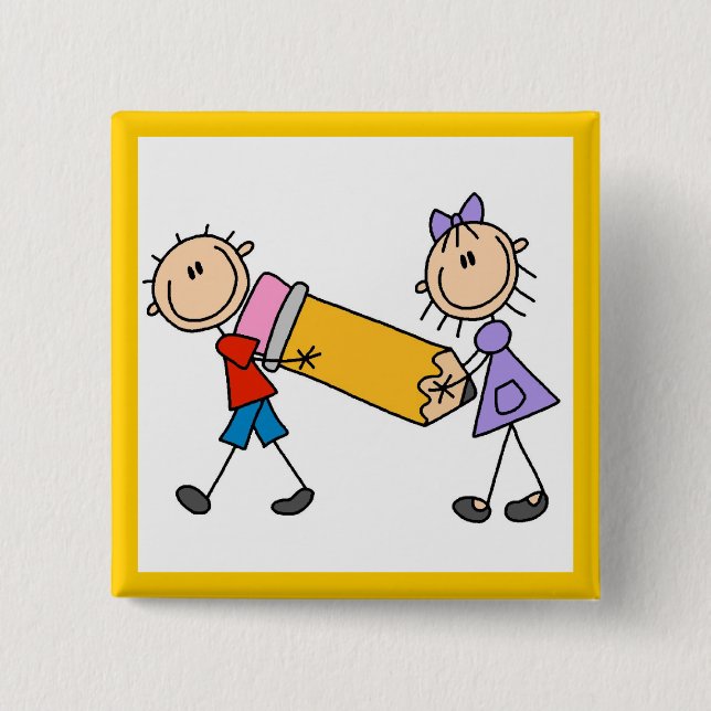 Stick Kids With Pencil 15 Cm Square Badge (Front)