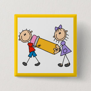 Stick Kids With Pencil 15 Cm Square Badge