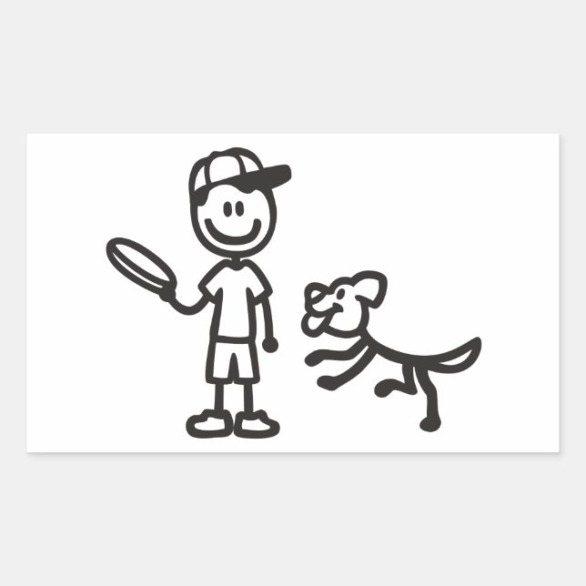 Stick Man and Dog playing Frisbee Rectangular Sticker (Front)