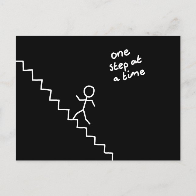 Stick man on the stairs "one step..." postcard (Front)