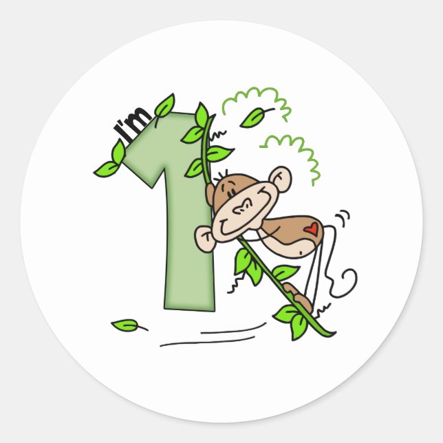 Stick Monkey Swing 1st Birthday Classic Round Sticker (Front)