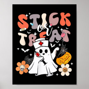 Stick Or Treat Halloween Ghost Nurse Crna Emergenc Poster