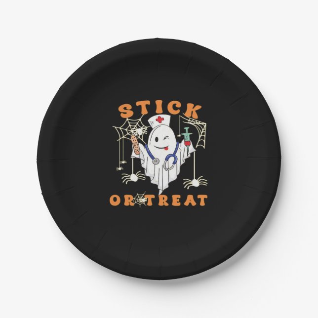 Stick or Treat Nurse Spooky Nurse Costume Funny Ha Paper Plate (Front)