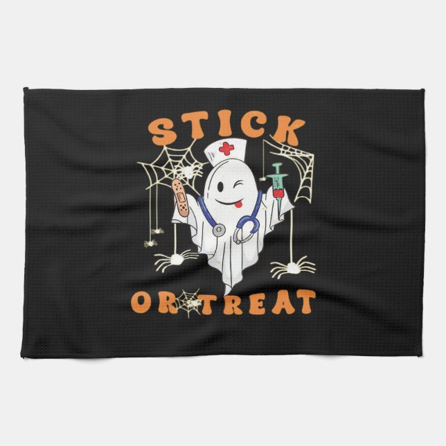Stick or Treat Nurse Spooky Nurse Costume Funny Ha Tea Towel (Horizontal)