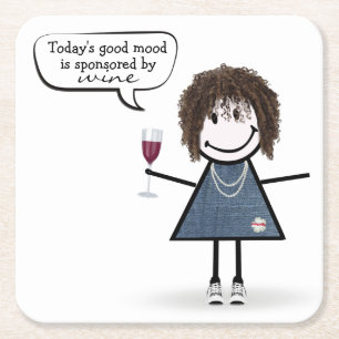 Stick Party Girl in Sneakers with Wine  Square Paper Coaster
