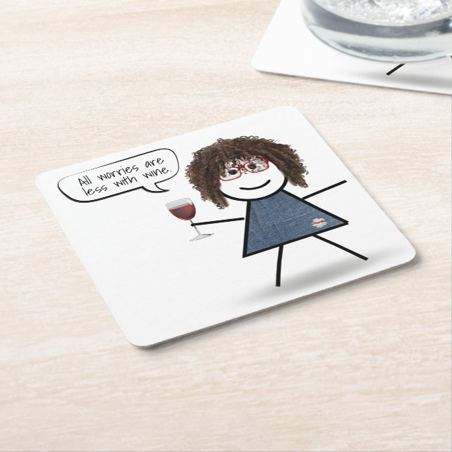 Stick Party Girl with Red Wine and Quote  Square Paper Coaster (Angled)