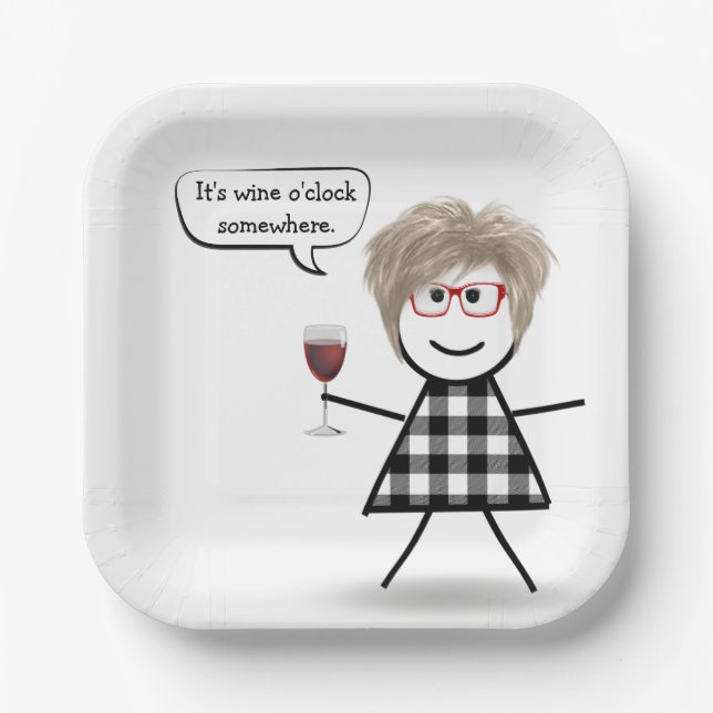 Stick Party Girl with Red Wine  Paper Plate (Front)