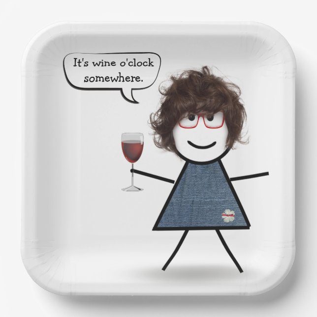 Stick Party Girl with Red Wine  Paper Plate (Front)