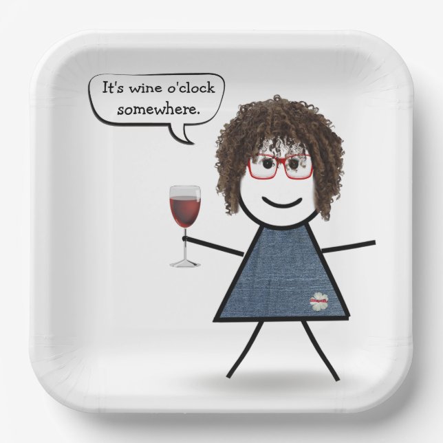 Stick Party Girl with Red Wine  Paper Plate (Front)