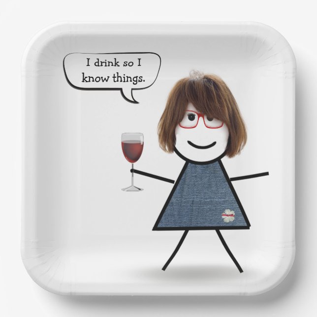 Stick Party Girl with Red Wine  Paper Plate (Front)