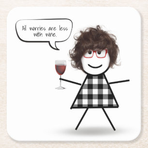Stick Party Girl with Wine Quote Square Paper Coaster