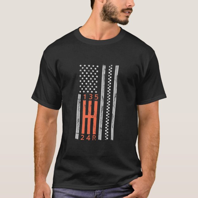 Stick Shift American Flag Manual Transmission T-Shirt (Front)