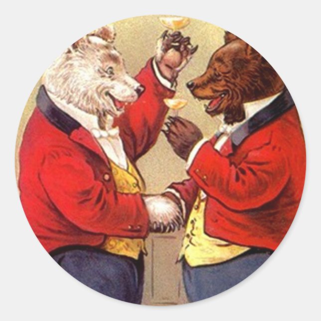 Sticker Antique Fun Anthropomorphic Bears Toasting (Front)