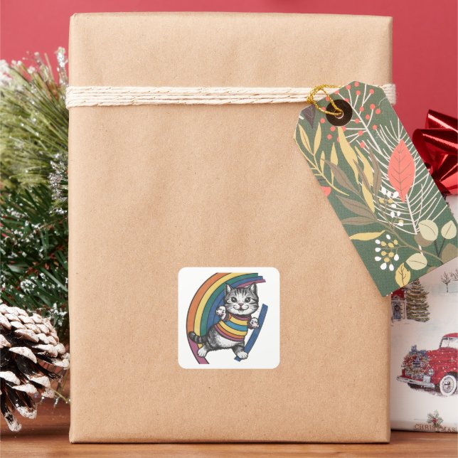 Sticker. cat rainbow square sticker (Holiday)