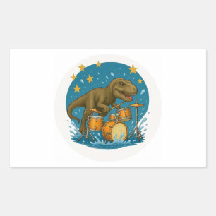 Sticker: Dinosaur Playing Drums with Stars Rectangular Sticker