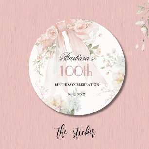 STICKER Elegant Pink Bow Floral 100th Birthday