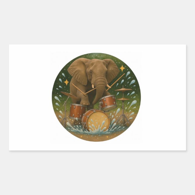 Sticker: Elephant Playing Drums in a Water Tub Rectangular Sticker (Front)
