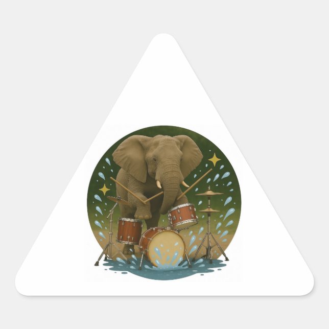 Sticker: Elephant Playing Drums in a Water Tub Triangle Sticker (Front)
