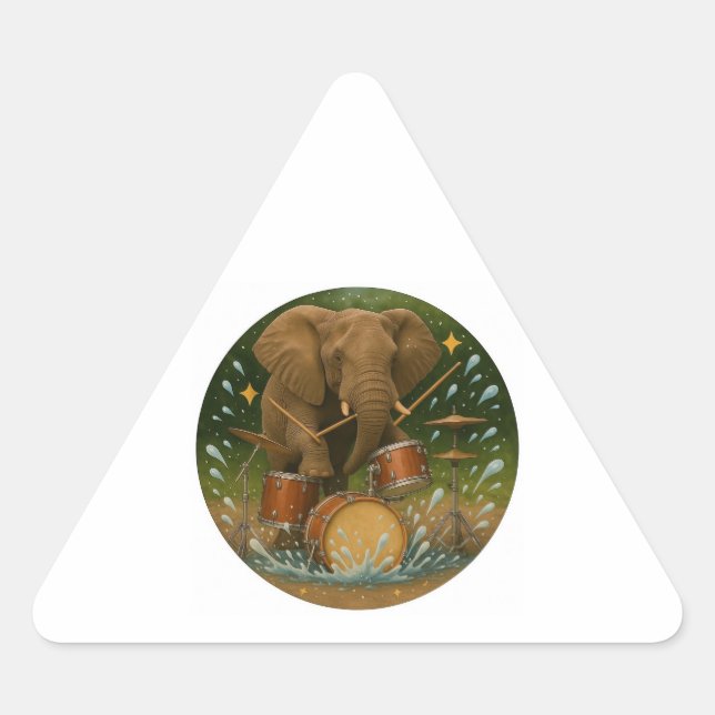 Sticker: Elephant Playing Drums in a Water Tub Triangle Sticker (Front)