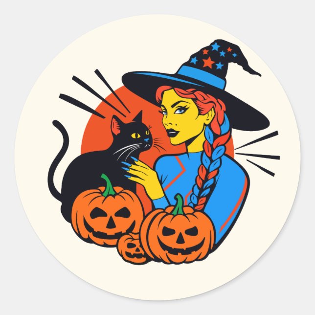 Sticker Halloween witch with a cat (Front)