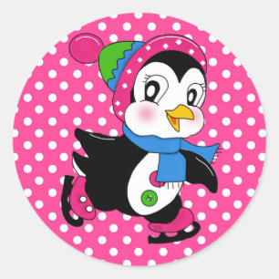 Sticker/Penguin and Polka Dots Classic Round Sticker