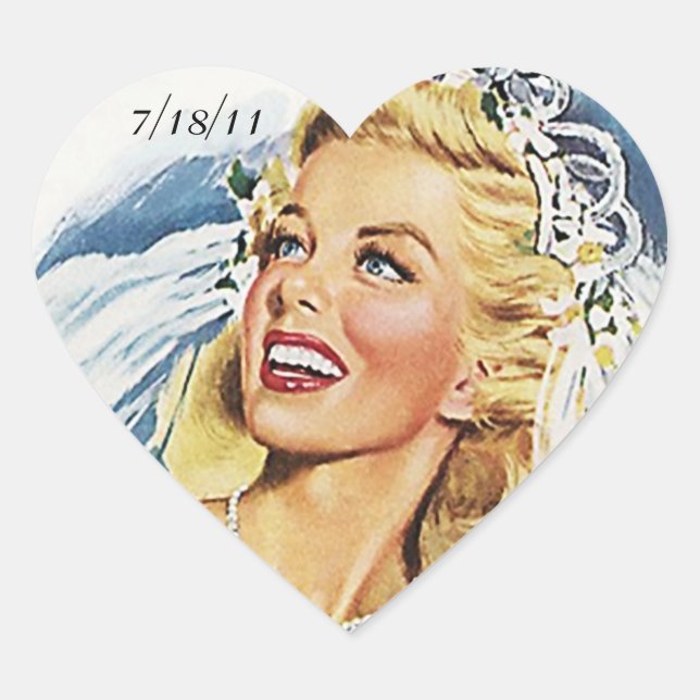 Sticker Retro Bride Marriage Wedding Heart Date (Front)