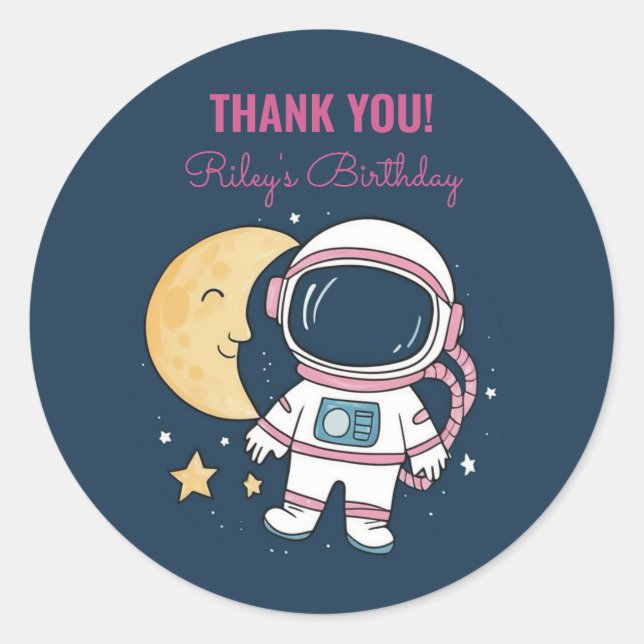 Sticker Round Birthday Astronaut Pink Blue (Front)