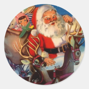 Sticker Vintage Christmas Santa Reindeer Rooftop
