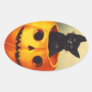 Sticker Vintage Halloween Black Kitten in JOL Cat
