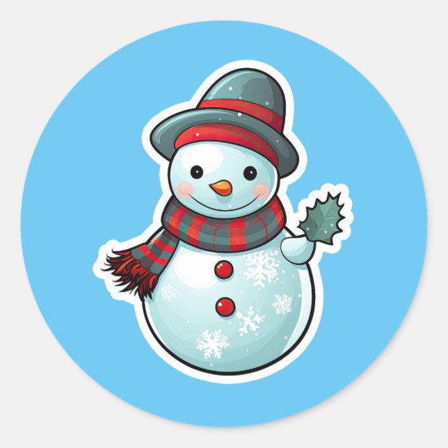 Sticker with a cute Snowman holding a leaf (Front)