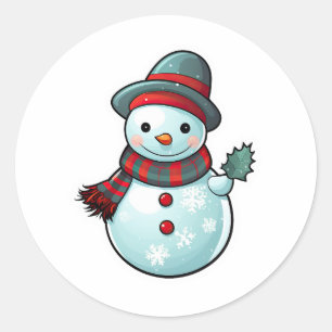 Sticker with a cute Snowman holding a leaf