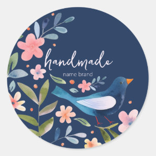 Sticker with birds and flowers on dark blue backgr