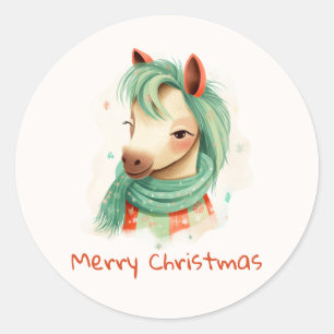 Sticker with watercolor Christmas horse with prin