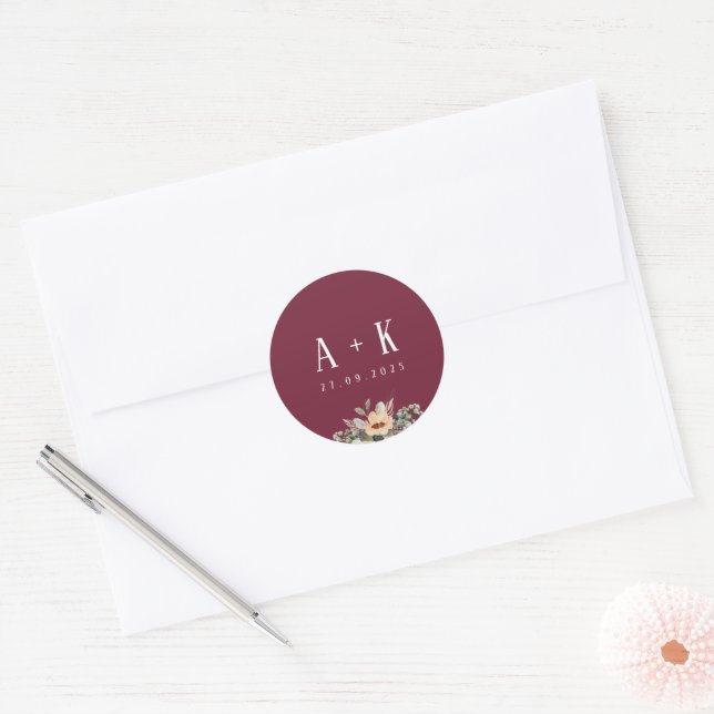 Stickers, Elegant floral burgundy monogram Classic Round Sticker (Envelope)