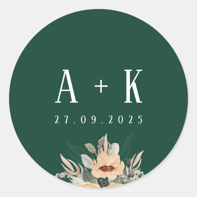 Stickers, Elegant floral dark green monogram Classic Round Sticker (Front)