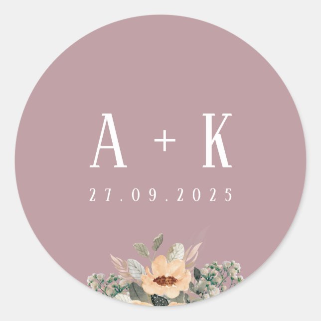 Stickers, Elegant floral pink monogram Classic Round Sticker (Front)