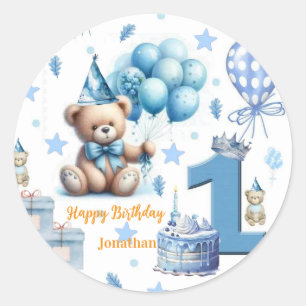 Stickers, Happy 1st. Birthday Teddy Bear Blue Classic Round Sticker