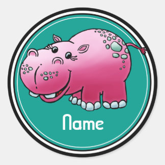 Stickers, Name Template, Cute Hippo Cartoon Classic Round Sticker