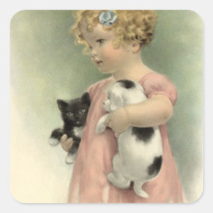 STICKERS Vintage Victorian Girl Kitten Puppy Sweet