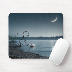 Stickman With a Heart in a Paper Boat Mouse Pad