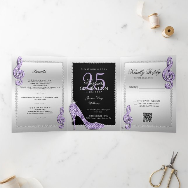 Stiletto, Photo, QR Code 25th Surprise Birthday Tri-Fold Invitation (Inside)