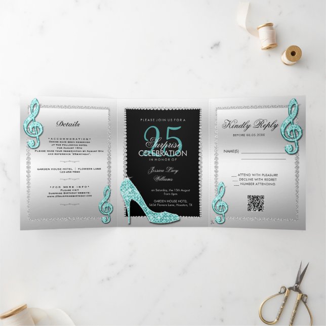 Stiletto, Photo, QR Code 25th Surprise Birthday Tri-Fold Invitation (Inside)