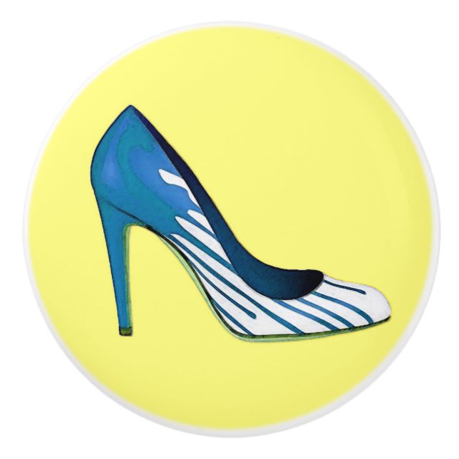 Stiletto pump, blue on yellow ceramic knob (Front)