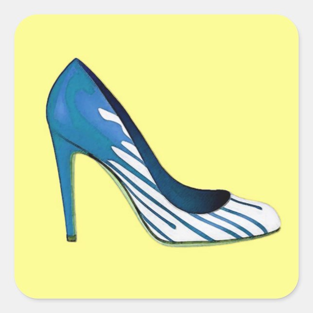 Stiletto pump, blue on yellow square sticker (Front)
