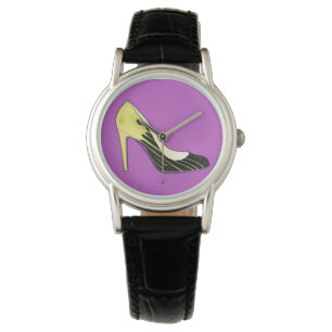 Stiletto pump, yellow on purple watch