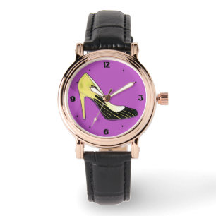 Stiletto pump, yellow on purple watch