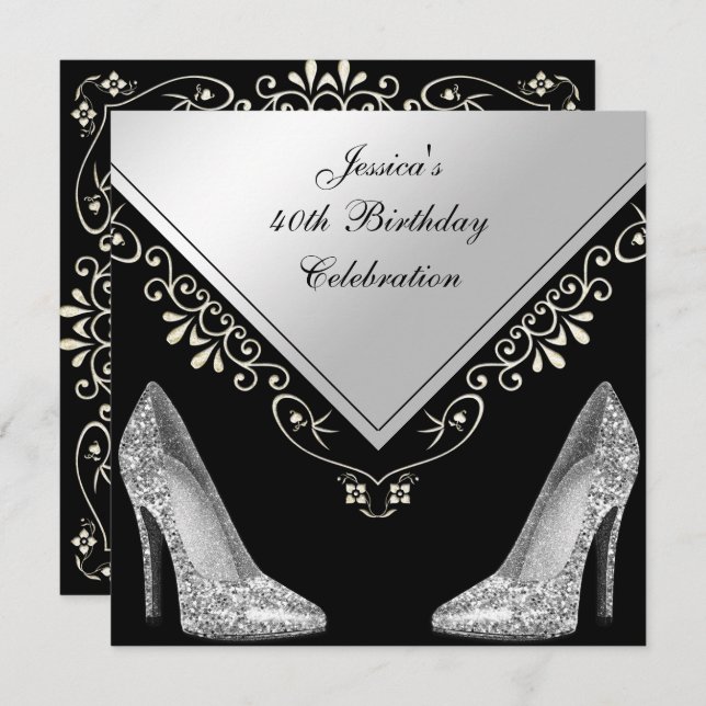 Stilettos & Decorative Swirls 40th Birthday Invitation (Front/Back)